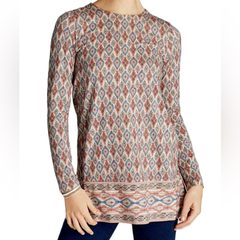 J.Jill Luxe Supima® Forward Seam Tunic Oatmeal Ikat Diamond Women's Size Large